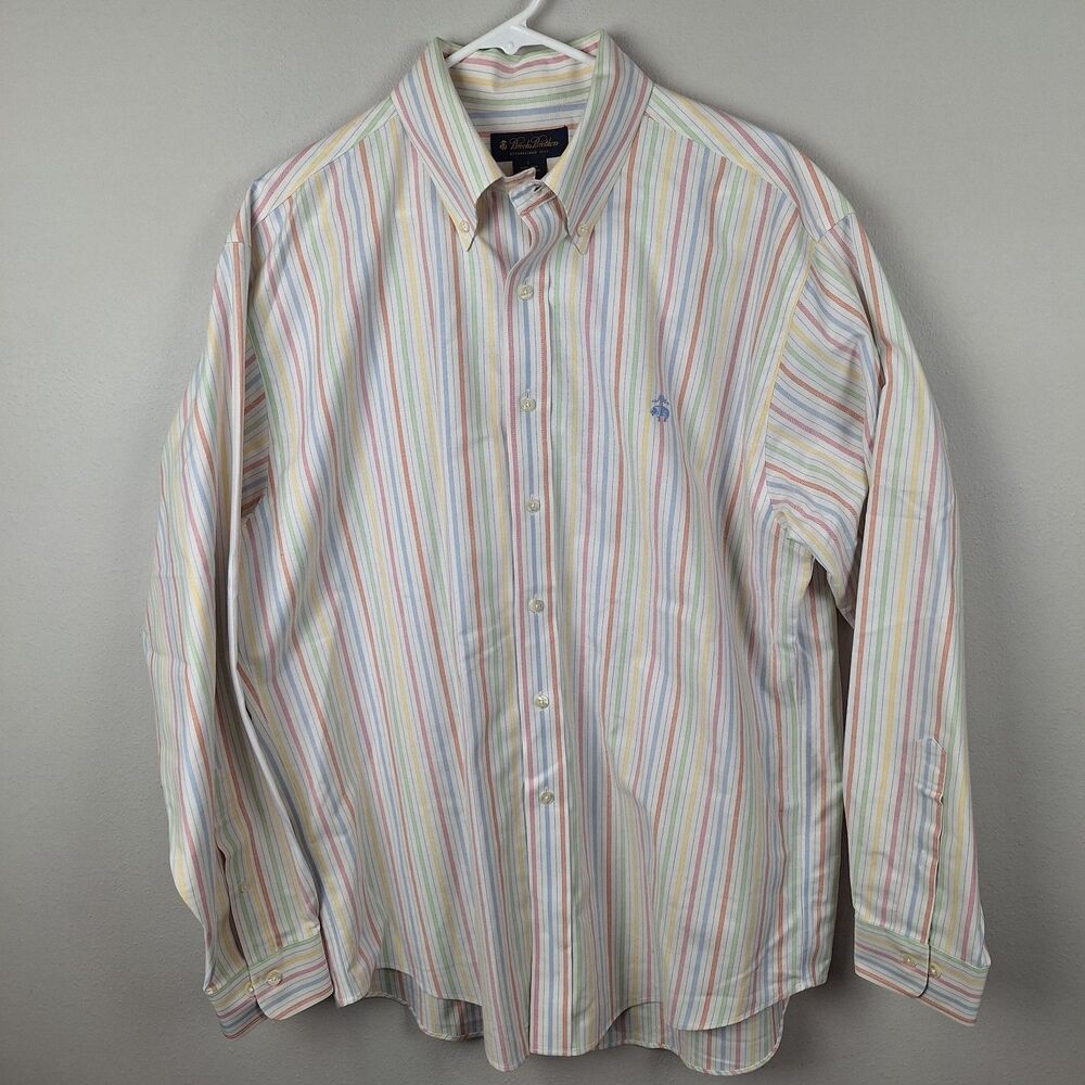 Vintage Brooks Brothers Shirt Mens Large Multi Stripe Supima Cotton Logo 90s